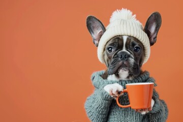 puppy dog holding cup of coffee Isolated on color background - obrazy, fototapety, plakaty