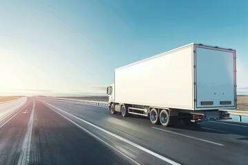 Delivery cargo truck with long empty trailer with mockup space on highway