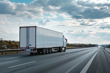 Delivery cargo truck with long empty trailer with mockup space on highway