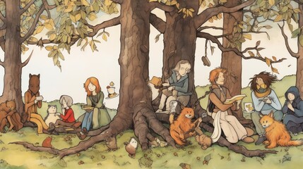 A group of people are sitting under a tree, some of them reading books. Scene is peaceful and relaxing, as the people are enjoying a quiet moment in nature