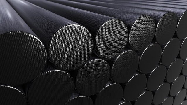 Tracking DOF camera looping 3D animation of the carbon fiber composite rods stacked at warehouse or factory rendered in UHD