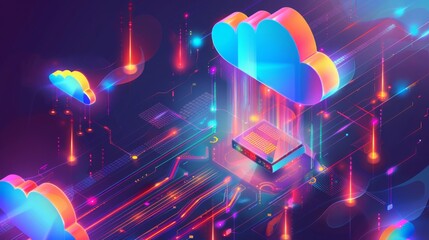 Fototapeta na wymiar Cloud storage for downloading an isometric. A digital service or application with data transmission. Network computing technologies. Futuristic Server. Digital space. Data storage. Vector illustration
