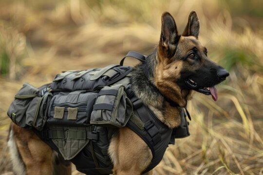 dog in body armor on traning field