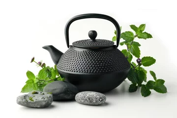 Foto op Aluminium Elegant black teapot with mint herbs on white background © Igor