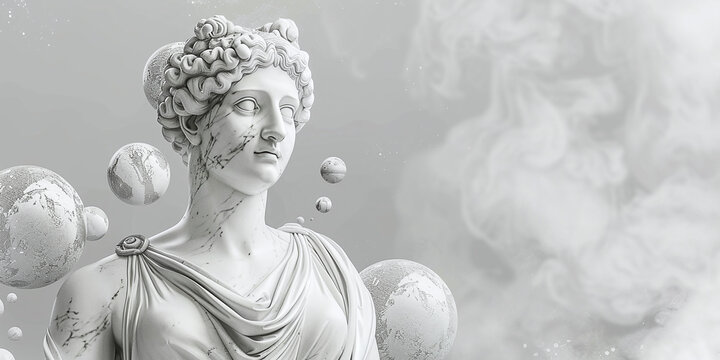white marble greek goddess statue, white background with floating spheres and paint splashes, vintage