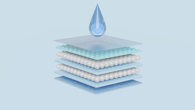 3d absorbent layer and ventilate shows with synthetic fiber hair, water droplets for diapers, sanitary napkin isolated. baby diaper adult concept, 3d render illustration, alpha channel