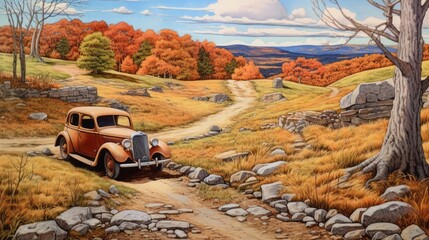 A vintage car is parked on a dirt road in a field. The scene is peaceful and serene, with the car being the only object in the image