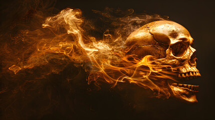 A floating golden skull accompanied by flames and smoke.
