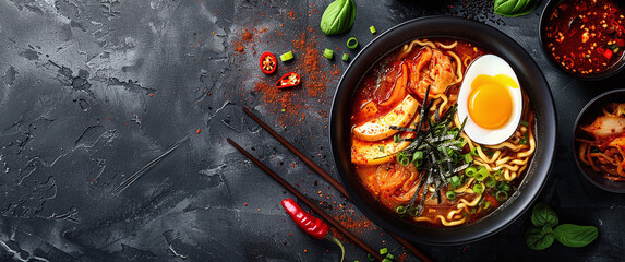 Traditional Korean ramen soup with egg yolk, chili pepper and kimchi - obrazy, fototapety, plakaty