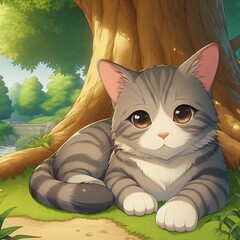 Petit chat gris tout mignon qui se repose au pied d'un arbre - obrazy, fototapety, plakaty