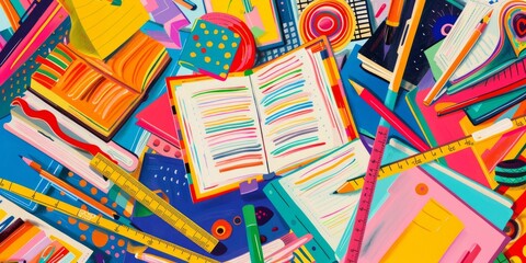 Colorful array of school supplies set in an engaging classroom environment, encouraging creativity and fostering educational exploration.