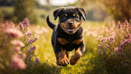 Adorable cachorro de la raza Rottweiler corriendo feliz por un hermoso prado lleno de flores - obrazy, fototapety, plakaty