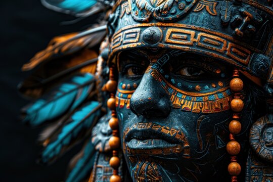 Face of an Aztec warrior on a black background
