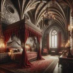 Fotobehang Chambre medievale dans un château imaginaire avec lit à baldalquins rouge bordeaux dans une grande salle du château style gothique © JEJEBREIZH 35