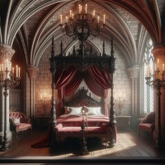 Chambre médiévale dans un château imaginaire avec lit à baldalquins rouge bordeaux et avec une suspente lumineuse ronde - obrazy, fototapety, plakaty