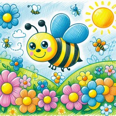 Petite abeille qui vole dans un champ fleurit avec des fleurs colorées
