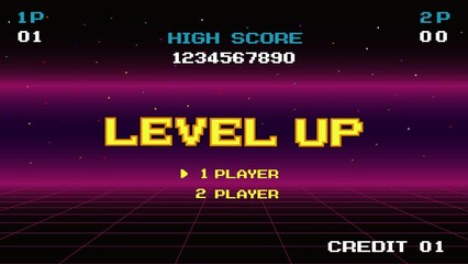 LEVEL UP.  1 player. Synthwave wireframe net. pixel art .8 bit game. retro game. for game assets .Retro Futurism Sci-Fi Background. glowing neon grid. and stars. - Powered by Adobe