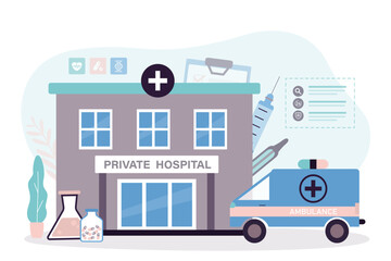 Cartoon of private medical care services on isolated background. Hospital building and ambulance truck. Healthcare and medical support