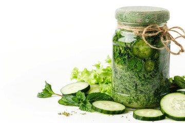 Glass jar with green health smoothie. Raw food. Vegan, vegetarian, alkaline food concept. Organic vegetables and fruits