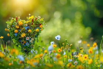 blooming spring flowers heart shape on blurred green background