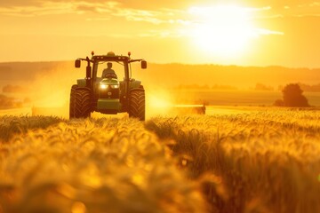 Heavy green tractor on the barley field in golden sky sunset view - obrazy, fototapety, plakaty