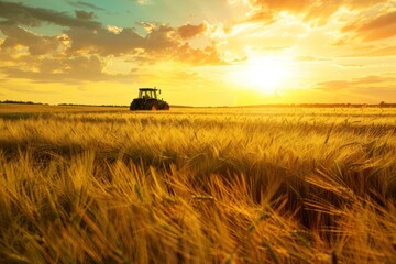 Fototapeta premium Heavy green tractor on the barley field in golden sky sunset view