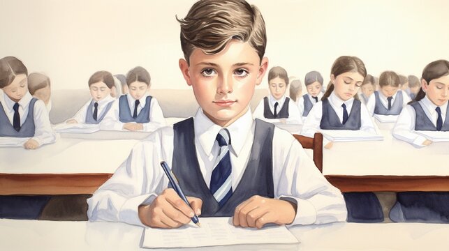 Watercolor School boy taking a test with a serious expression