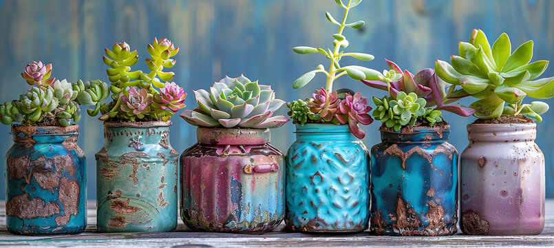 planting succulents in painted and decorated old jars. Hobbies, home gardening