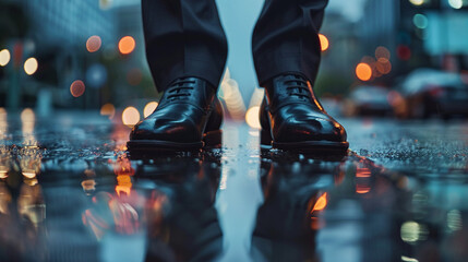 Close up on polished formal shoes stepping forward on wet city pavement reflecting aspirations with the morning rush blurred behind - obrazy, fototapety, plakaty