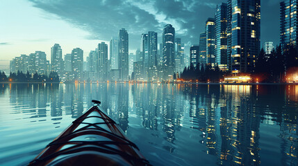 A sleek two tone kayak glides along the city waterfront skyscrapers reflecting on the calm waters surface basking in the tranquil glow of evening