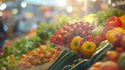 A colorful display of fresh vegetables in the foreground with the early hustle of the market softly blurred capturing the essence of morning shopping