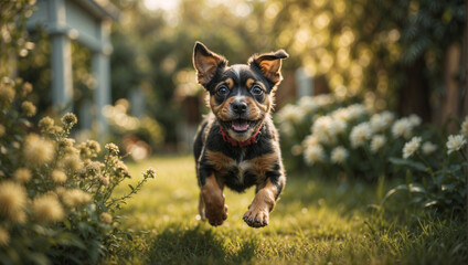 Adorable cachorro de la raza Sabueso Polaco corriendo feliz por un hermoso prado lleno de flores