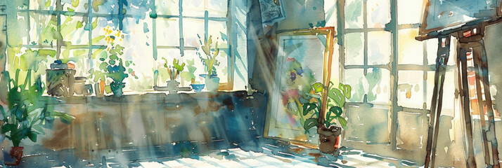 Sunlit artists studio with easel, plants, and a serene vibe