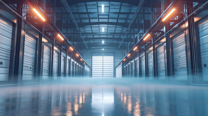 Vast warehouse interior showcasing rows of towering industrial freezers their doors slightly ajar emitting cold fog - obrazy, fototapety, plakaty