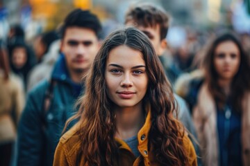 Obraz premium Large group of people standing in the street with focus on woman looking at camera
