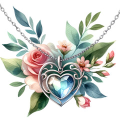A piece of jewelry, such as a necklace or bracelet with a heart charm, painted in watercolor style, conveying elegance and love for Mother's Day. PNG, 300dpi - obrazy, fototapety, plakaty