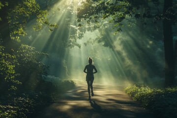 Enchanted Forest Jog Illuminated by Ethereal Sunlight Rays