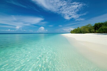 Maldives paradise with white sandy beach and clear blue sky