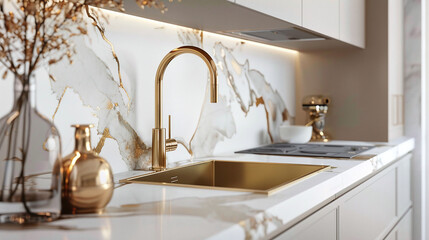 luxury kitchen sink with gold faucet and marble countertop