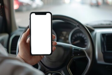 man Driver holding phone in hand with white screen on steering wheel background