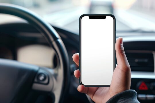 man Driver holding phone in hand with white screen on steering wheel background