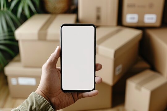 man holding clear blank craft stack cardboard boxes and smartphone with white screen mock up