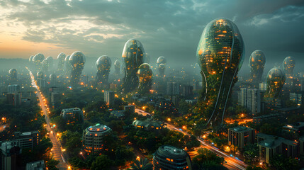 A dusk view of a futuristic city with unique organic-shaped skyscrapers glowing amidst urban greenery
