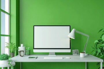 Modern bright green office with work desk and computer white mockup screen