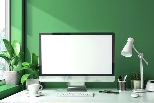 Modern bright green office with work desk and computer white mockup screen