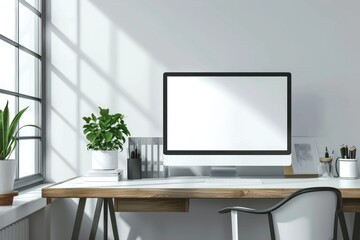 Modern bright office with work desk and computer white mockup screen