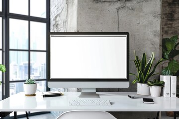 Modern bright office with work desk and computer white mockup screen - obrazy, fototapety, plakaty