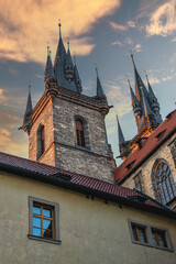 Tower of Tyn Church in Old Town, Prague, Czech Republic