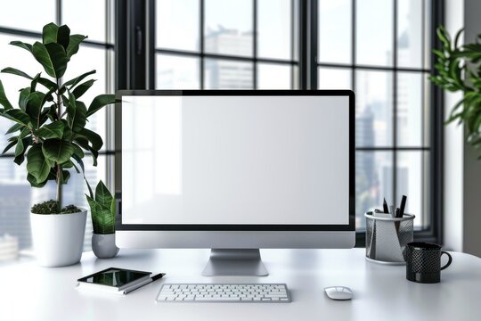 Modern bright office with work desk and computer white mockup screen