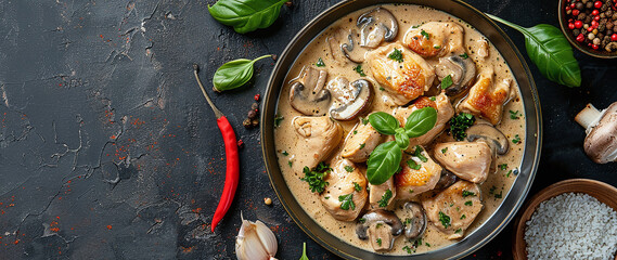 Fricassee French cuisine. Chicken stewed in creamy sauce with mushrooms in a frying pan - obrazy, fototapety, plakaty